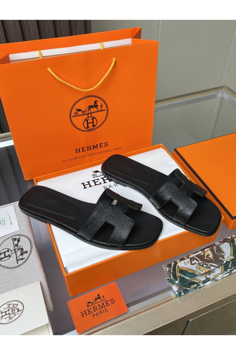 Hermes Женские кожаные шлёпанцы Premium - Black