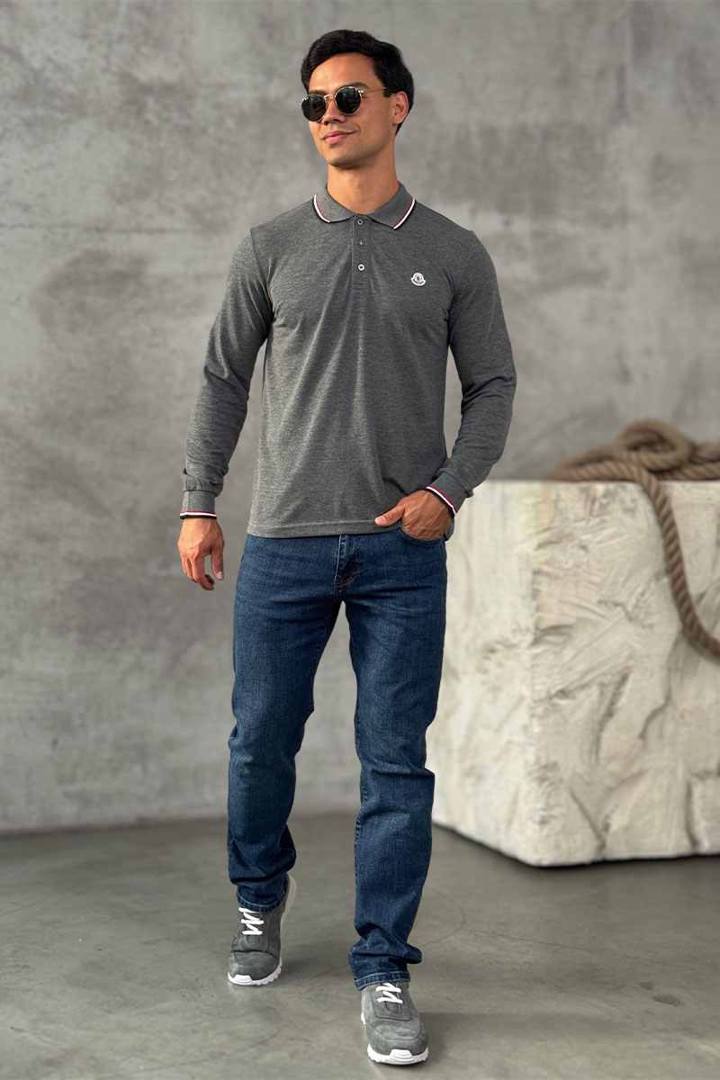 Moncler Серое поло с длинным рукавом logo-patch