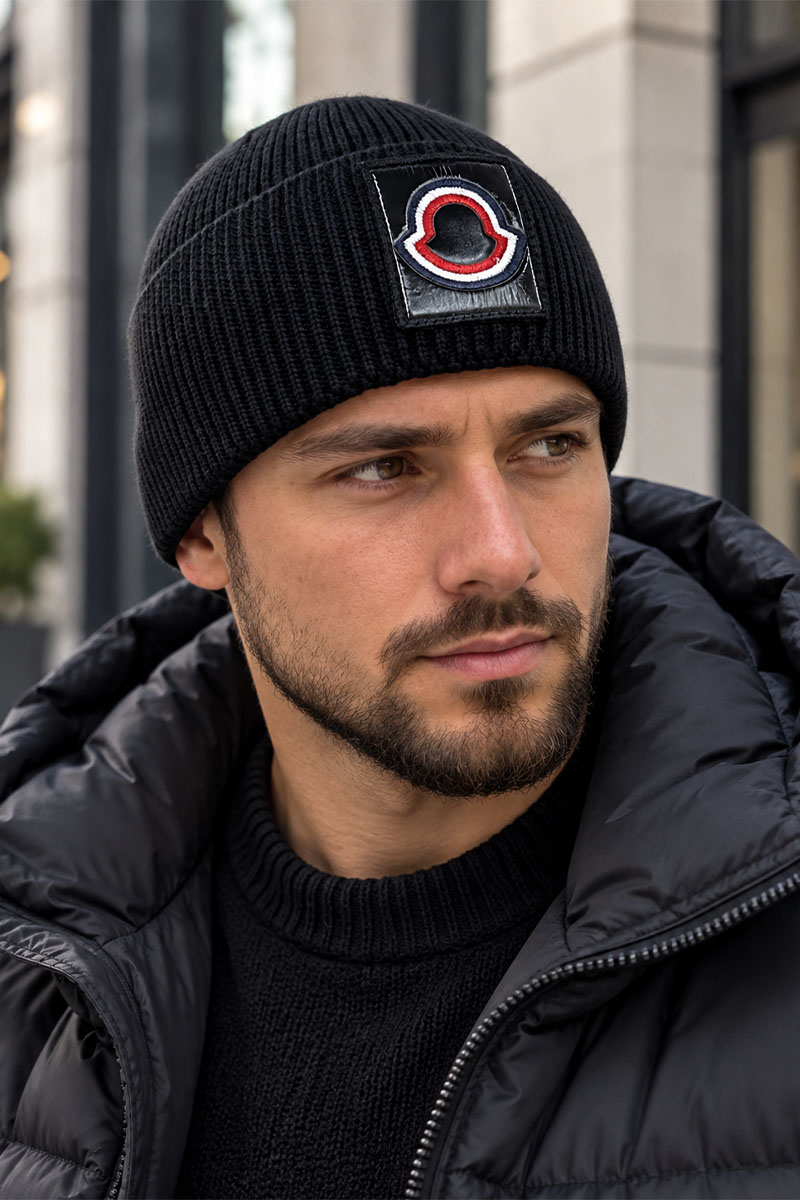 Moncler Брендовая шапка чёрного цвета