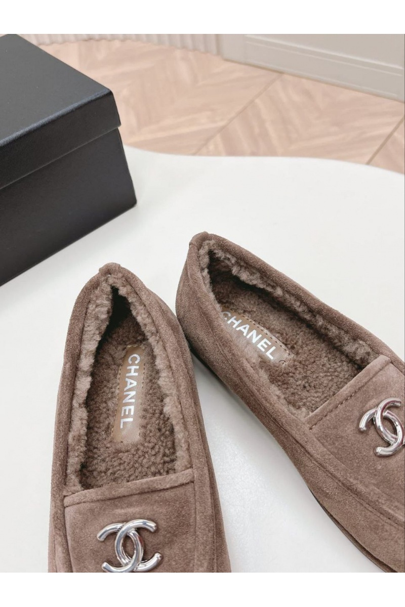 Chаnеl Женские замшевые лоферы с мехом Premium - Brown