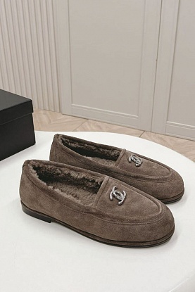 Женские замшевые лоферы с мехом Premium - Brown