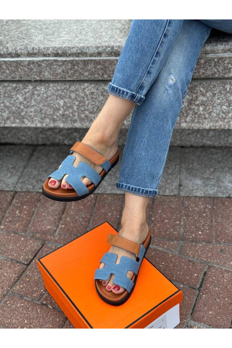 Hermes Женские кожаные сандалии Chypre - Brown / Blue