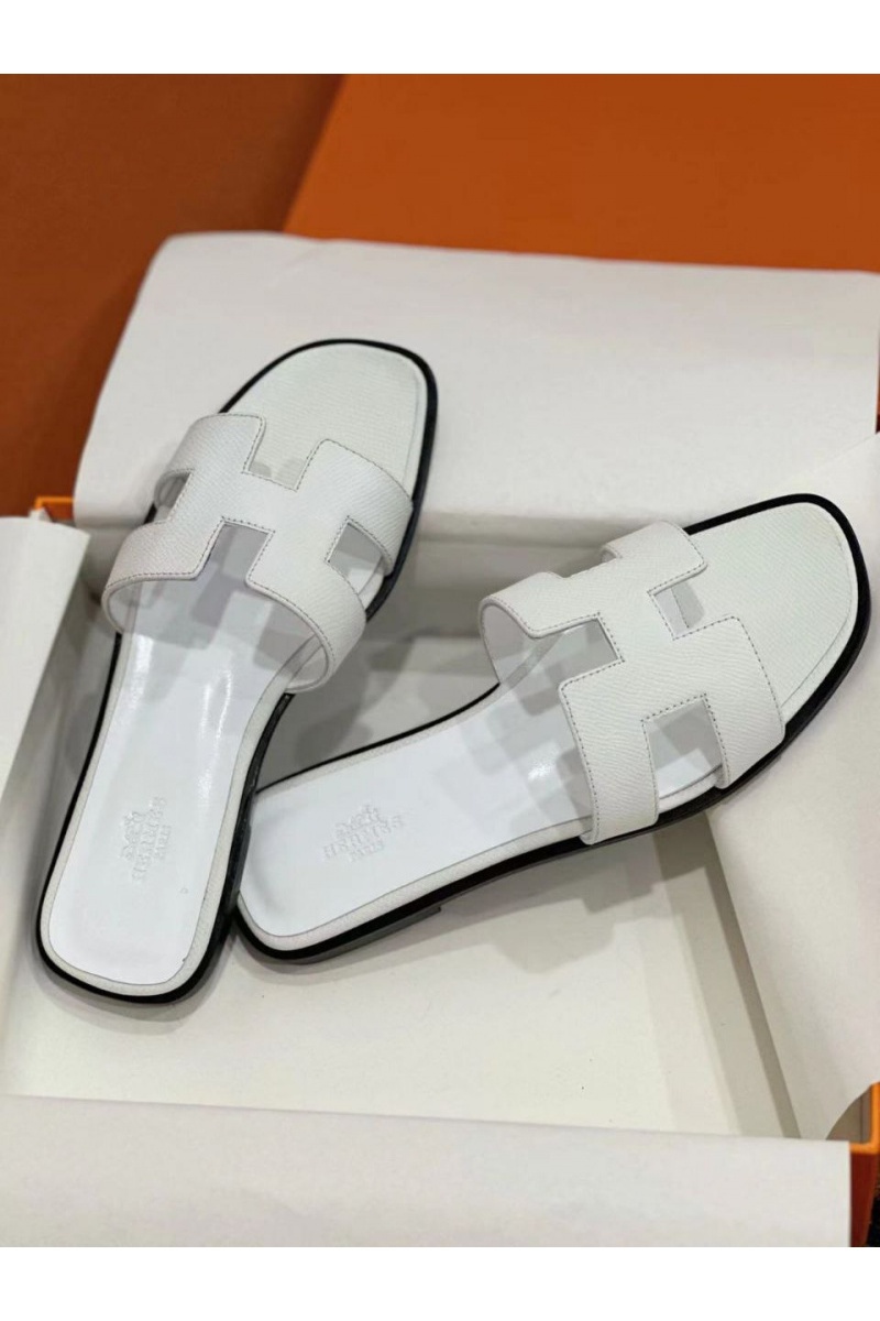 Hermes Женские кожаные шлёпанцы Premium - White