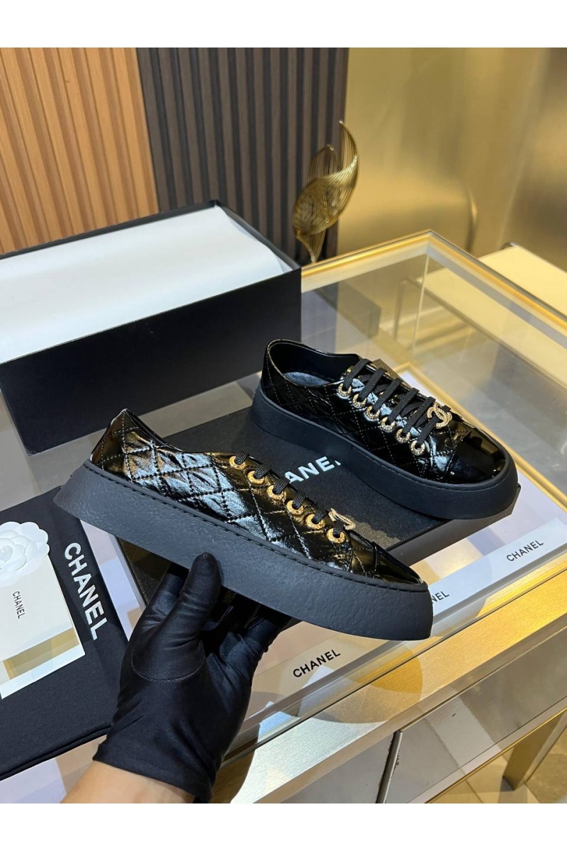 Chаnеl Женские кожаные кроссовки Premium - Black