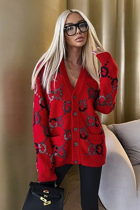 Женский шерстяной кардиган GG Monogram Premium - Red