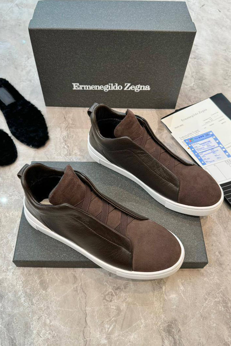 Zegna Кроссовки с мехом Triple Stitch - Brown