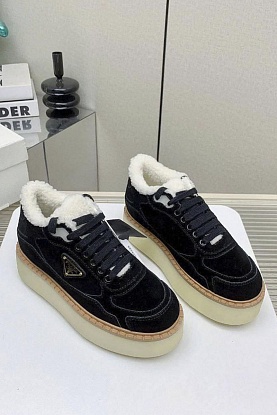 Женские замшевые кроссовки с мехом premium - Black