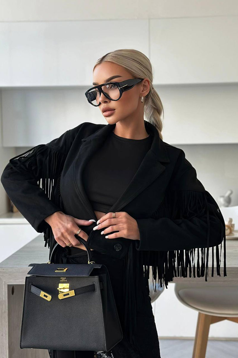 Yves Saint Laurent Женская замшевая косуха с бахромой 