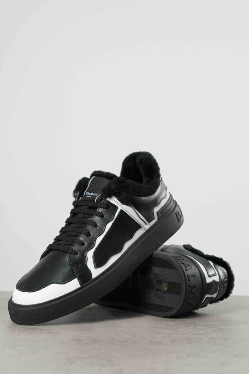 Balmain Кожаные кроссовки с мехом low-top - Black / White