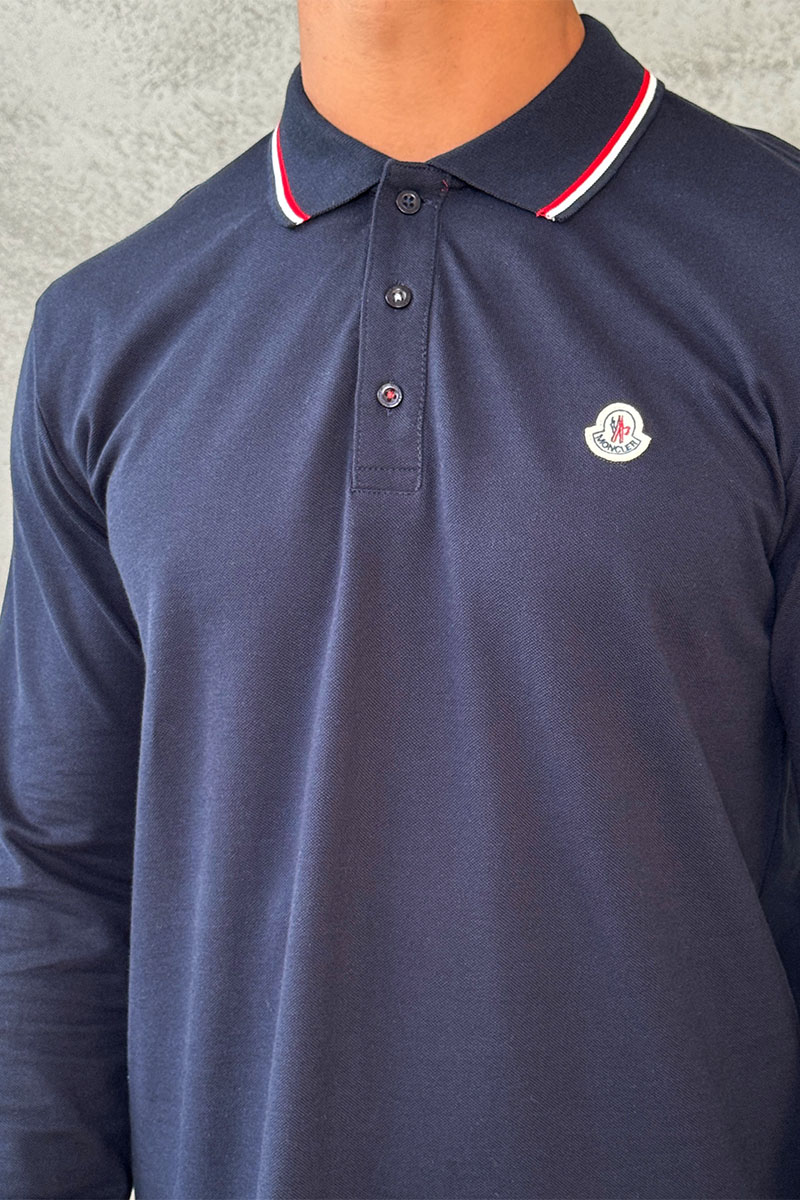 Moncler Тёмно-синее поло с длинным рукавом logo-patch
