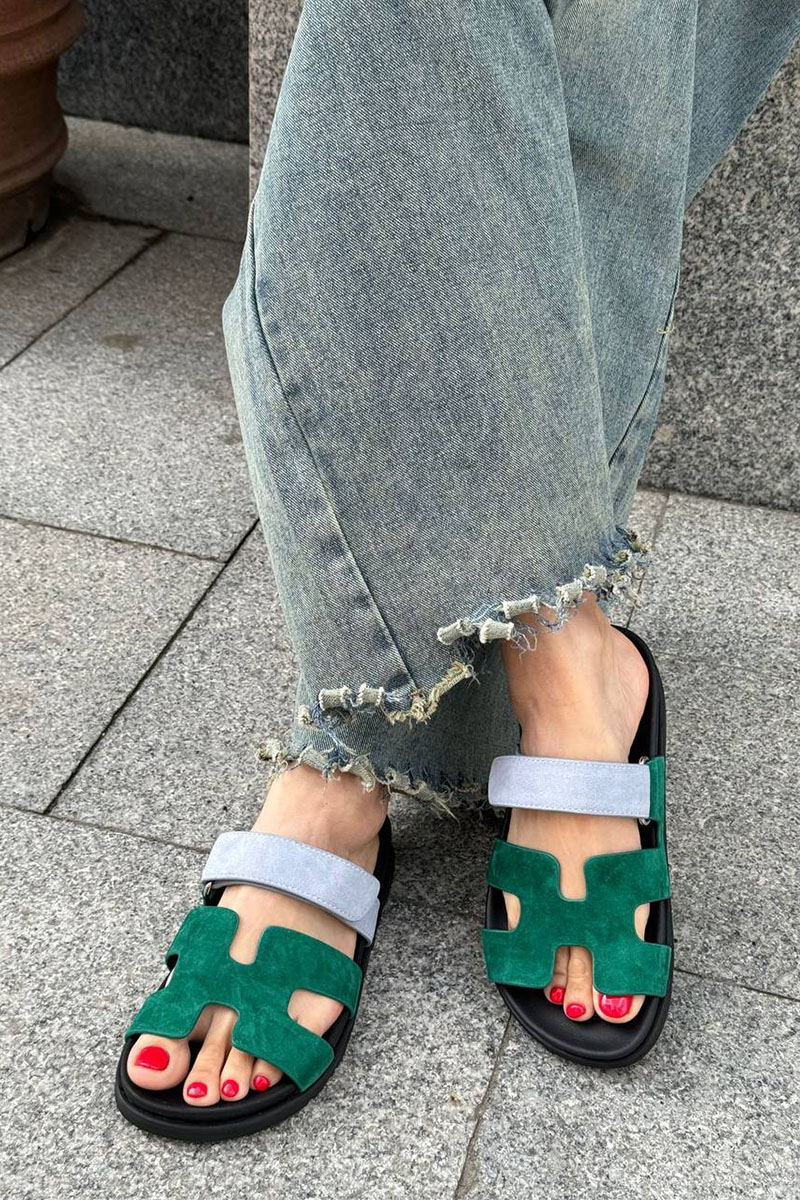 Hermes Женские замшевые сандалии Chypre - Green / Blue