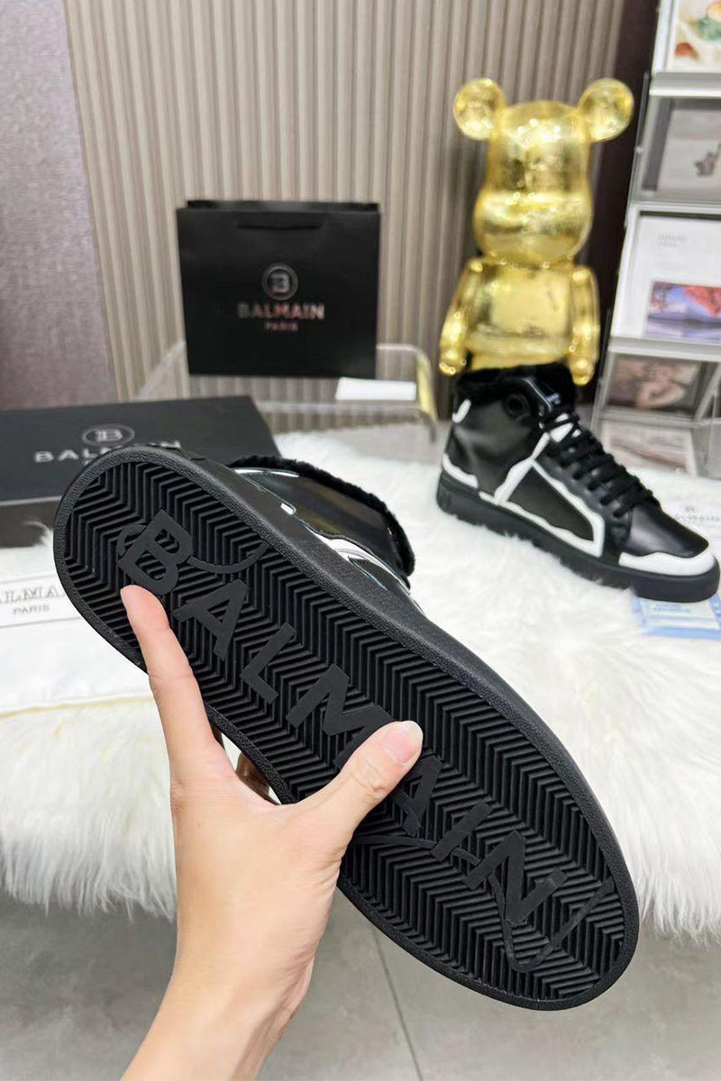 Balmain Кожаные кроссовки с мехом high-top - Black / White