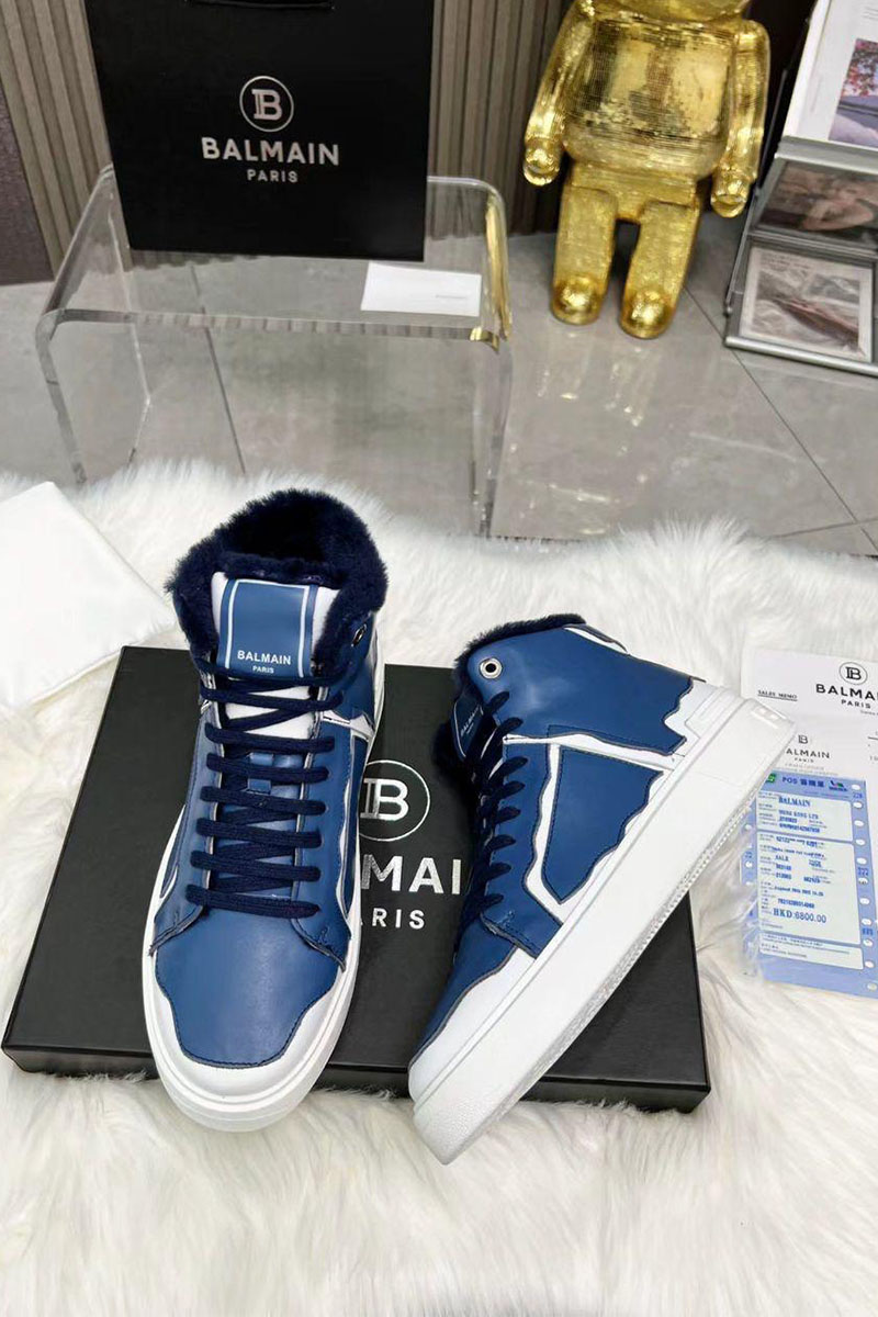 Balmain Кожаные кроссовки с мехом high-top - Blue / White