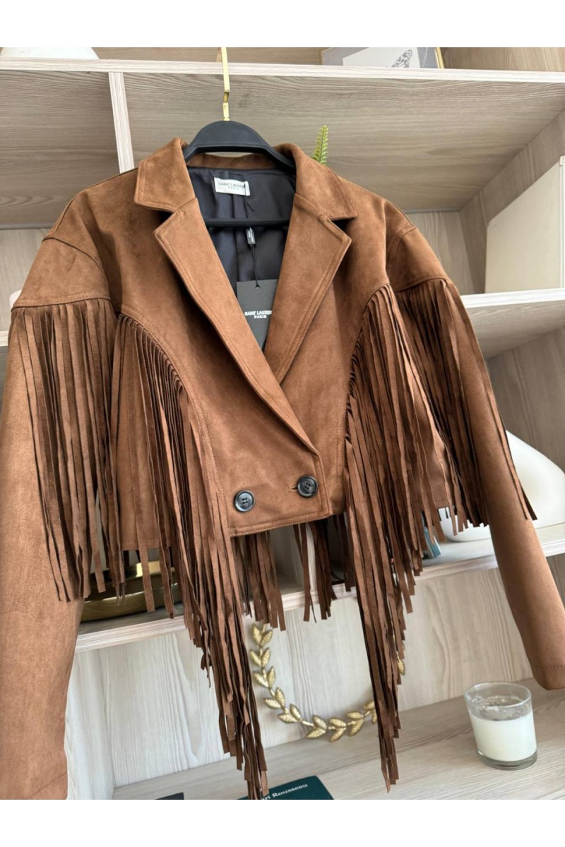 Yves Saint Laurent Женская замшевая косуха с бахромой 