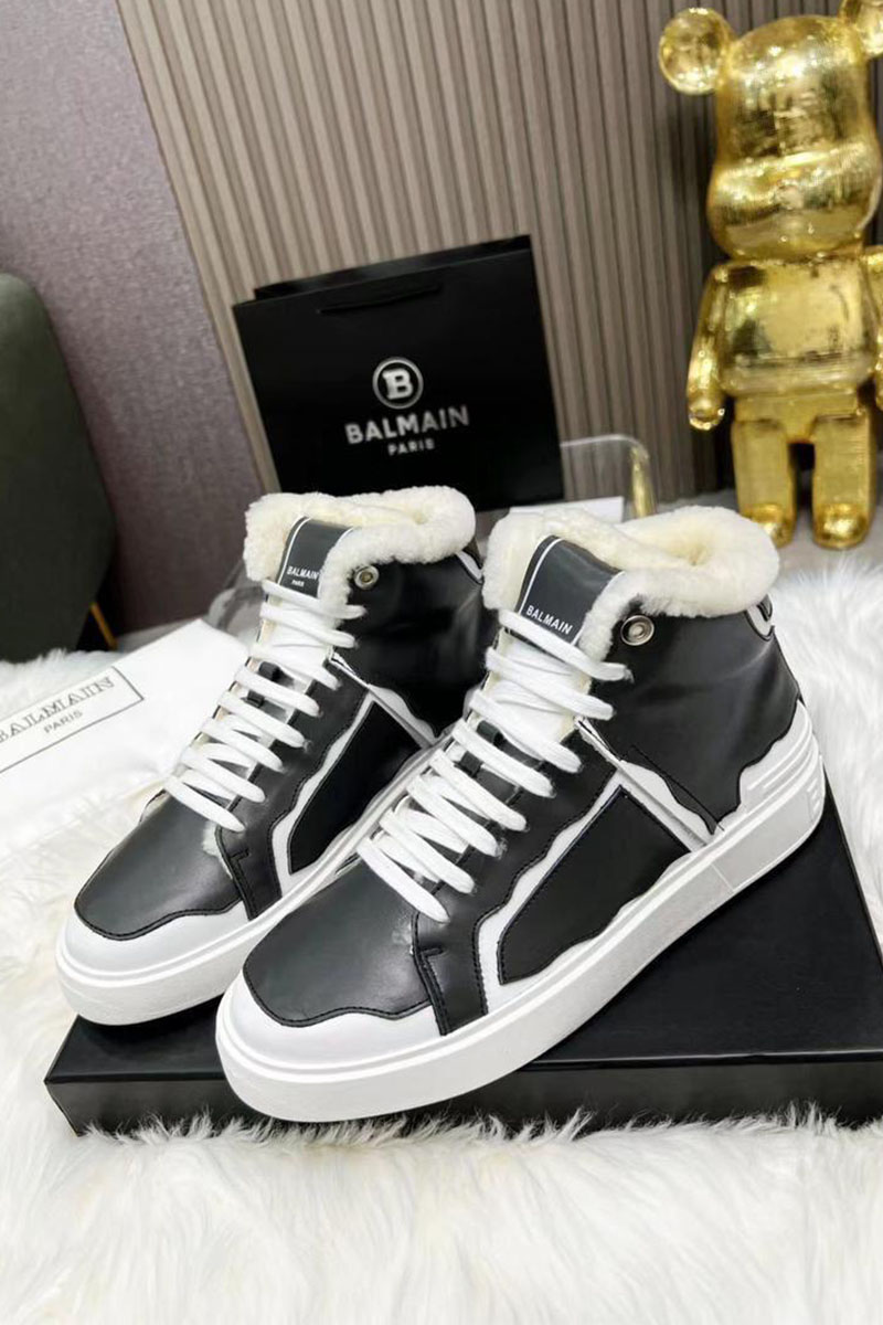 Balmain Кожаные кроссовки с мехом high-top - Black / White