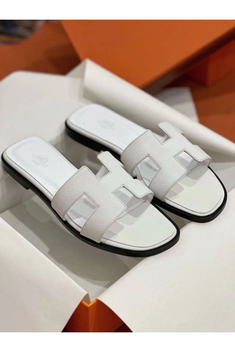 Hermes Женские кожаные шлёпанцы Premium - White