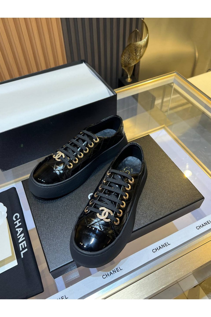 Chаnеl Женские кожаные кроссовки Premium - Black
