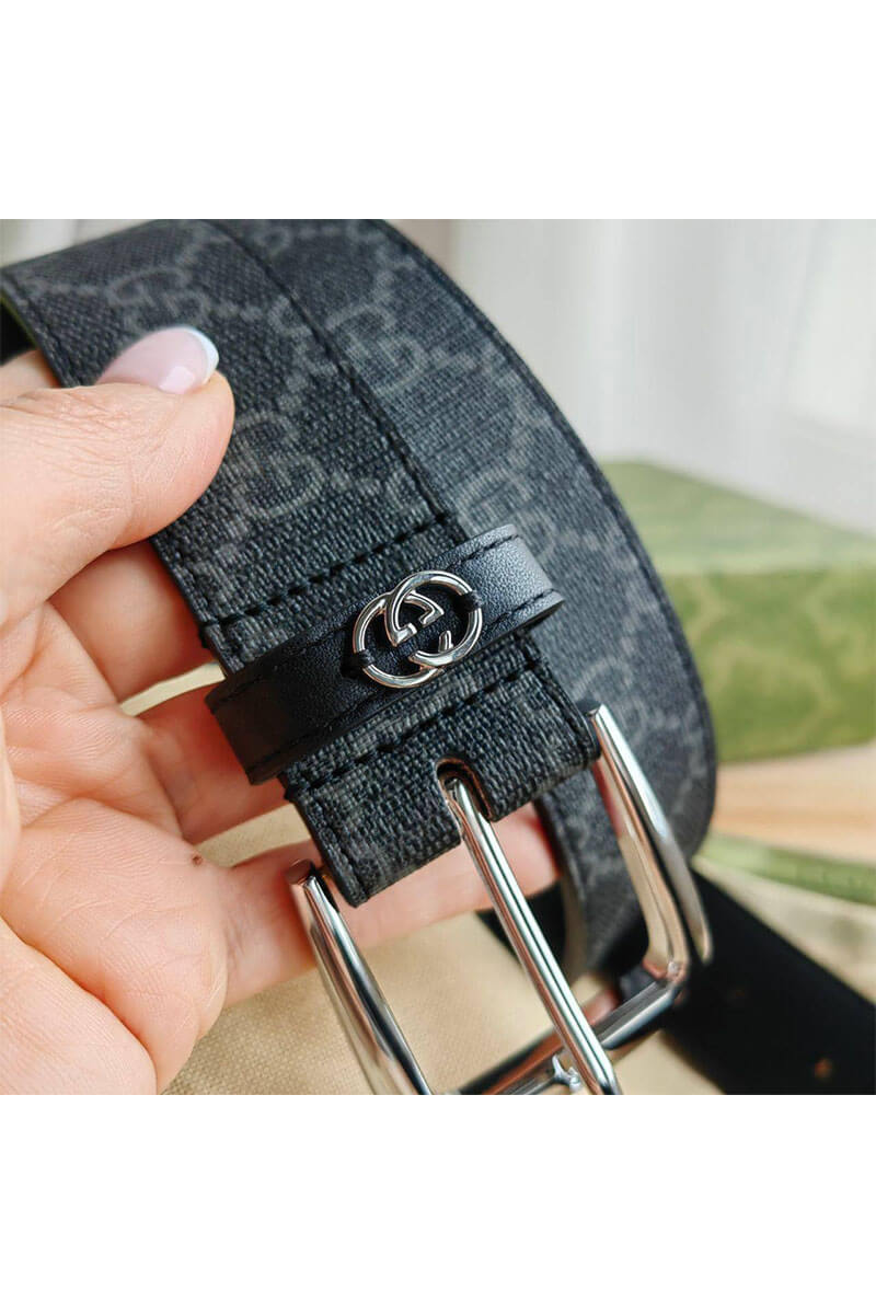 Gucci Брендовый ремень GG Monogram Black / Silver (длина 90 см)