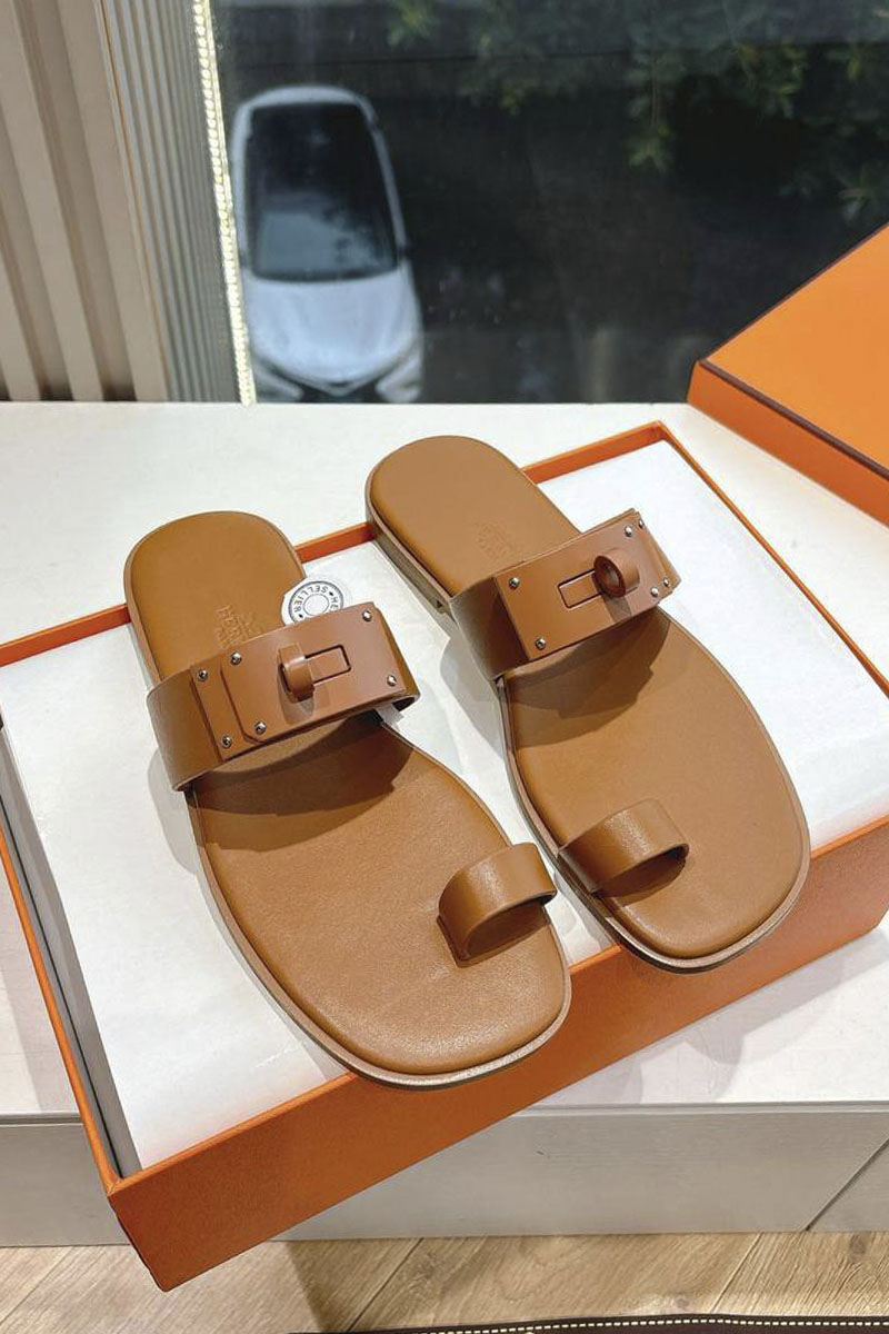 Hermes Женские кожаные шлёпанцы July Kelly premium