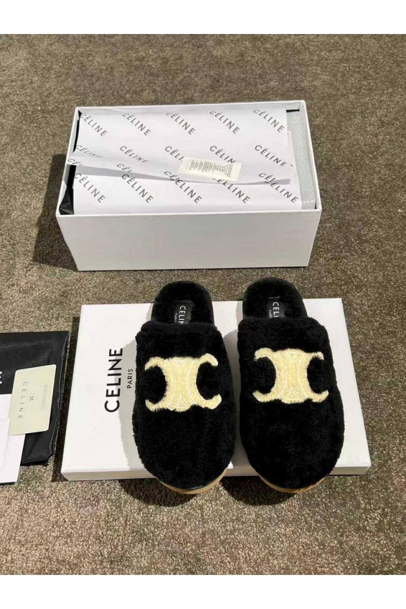 Celine Женские меховые шлёпанцы Triomphe premium