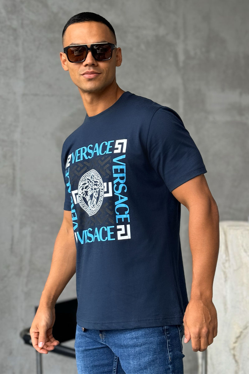 Versace Мужская синяя футболка logo-print