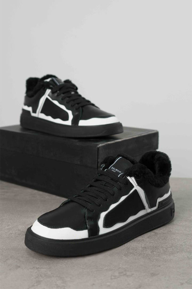 Balmain Кожаные кроссовки с мехом low-top - Black / White