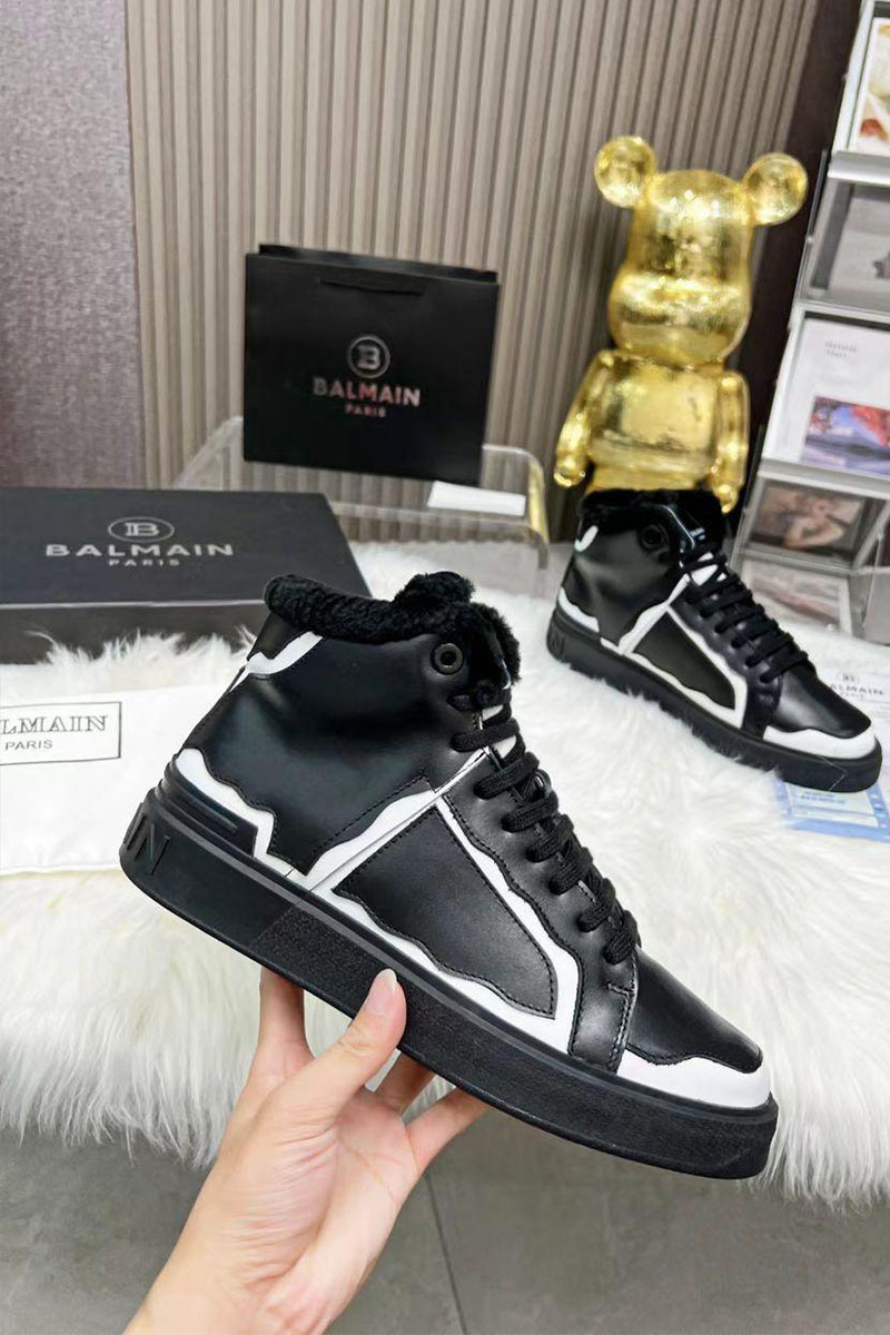 Balmain Кожаные кроссовки с мехом high-top - Black / White