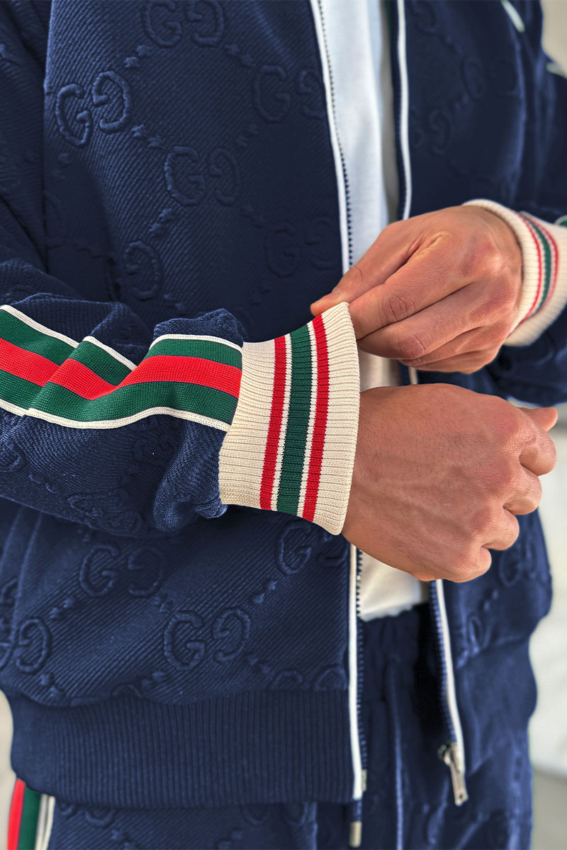 Gucci Тёмно-синяя кофта на молнии GG jacquard