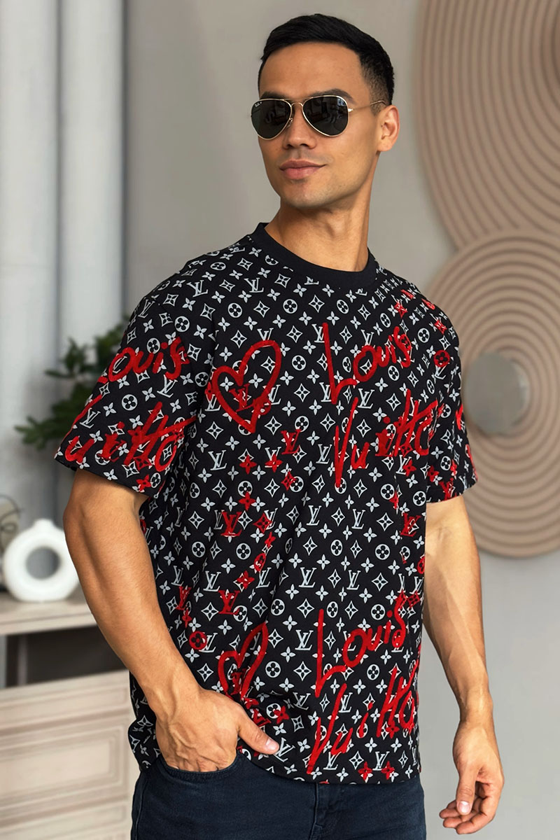 Lоuis Vuittоn Чёрная оверсайз футболка Heart monogram all-over