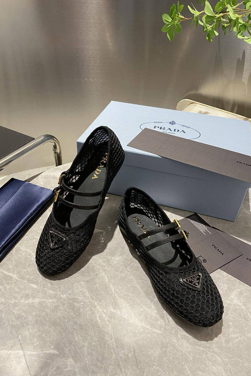 Prada Женские сетчатые балетки чёрного цвета
