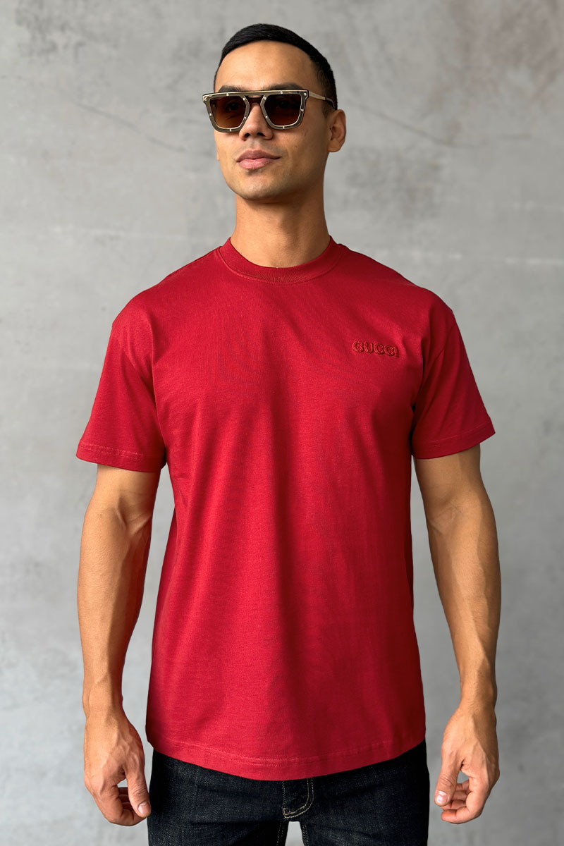 Gucci Мужская бордовая футболка logo-embroidered 