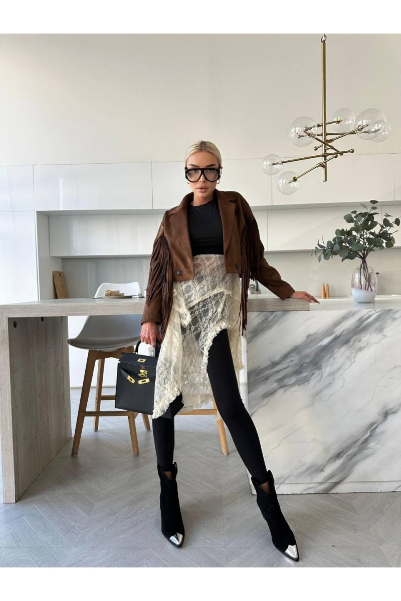 Yves Saint Laurent Женская замшевая косуха с бахромой 