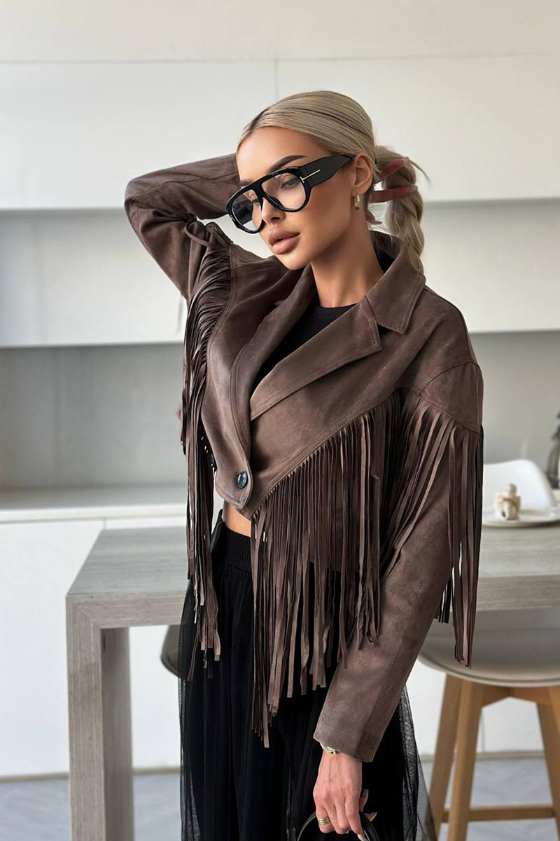 Yves Saint Laurent Женская замшевая косуха с бахромой 