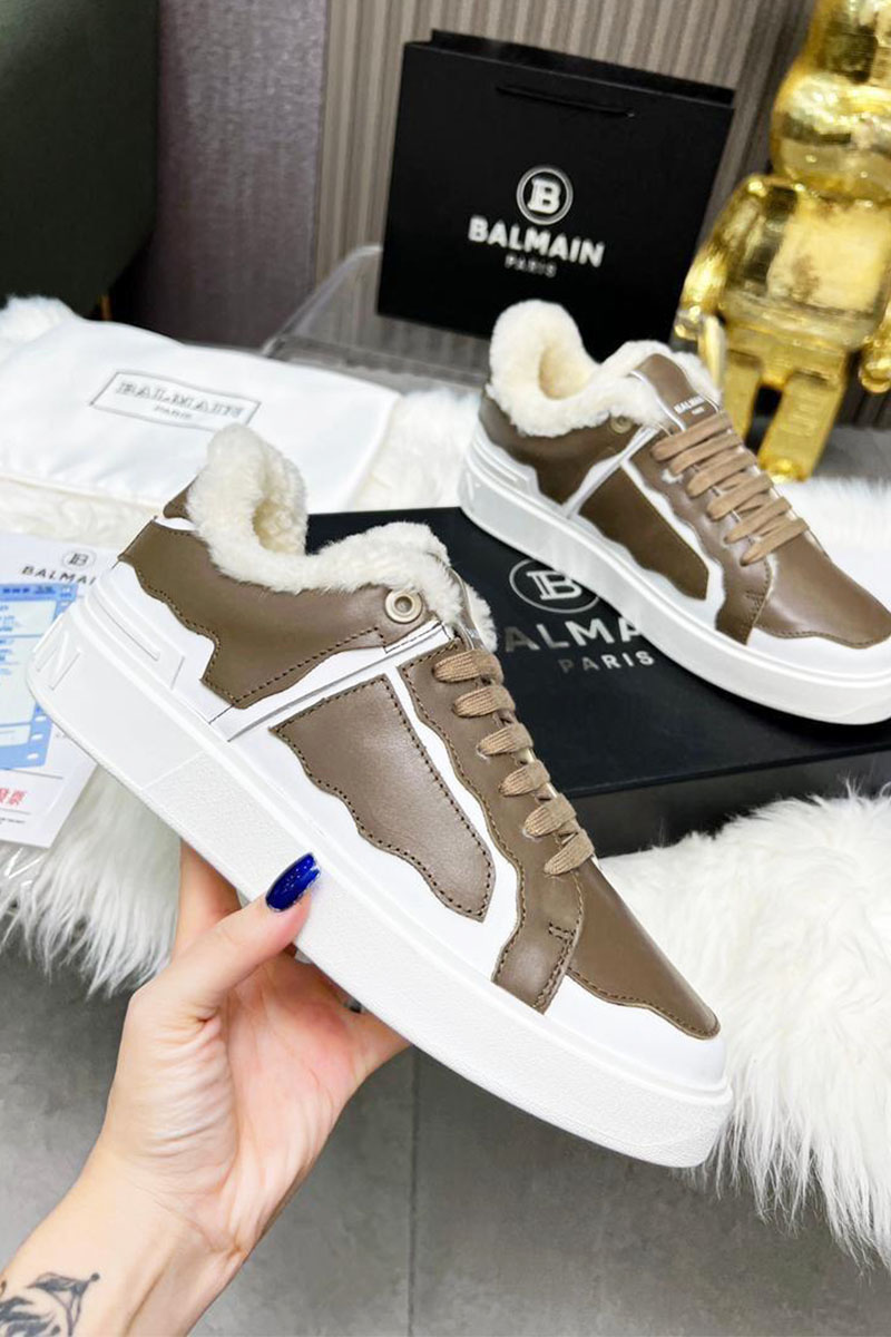 Balmain Кожаные кроссовки с мехом low-top - Beige / White