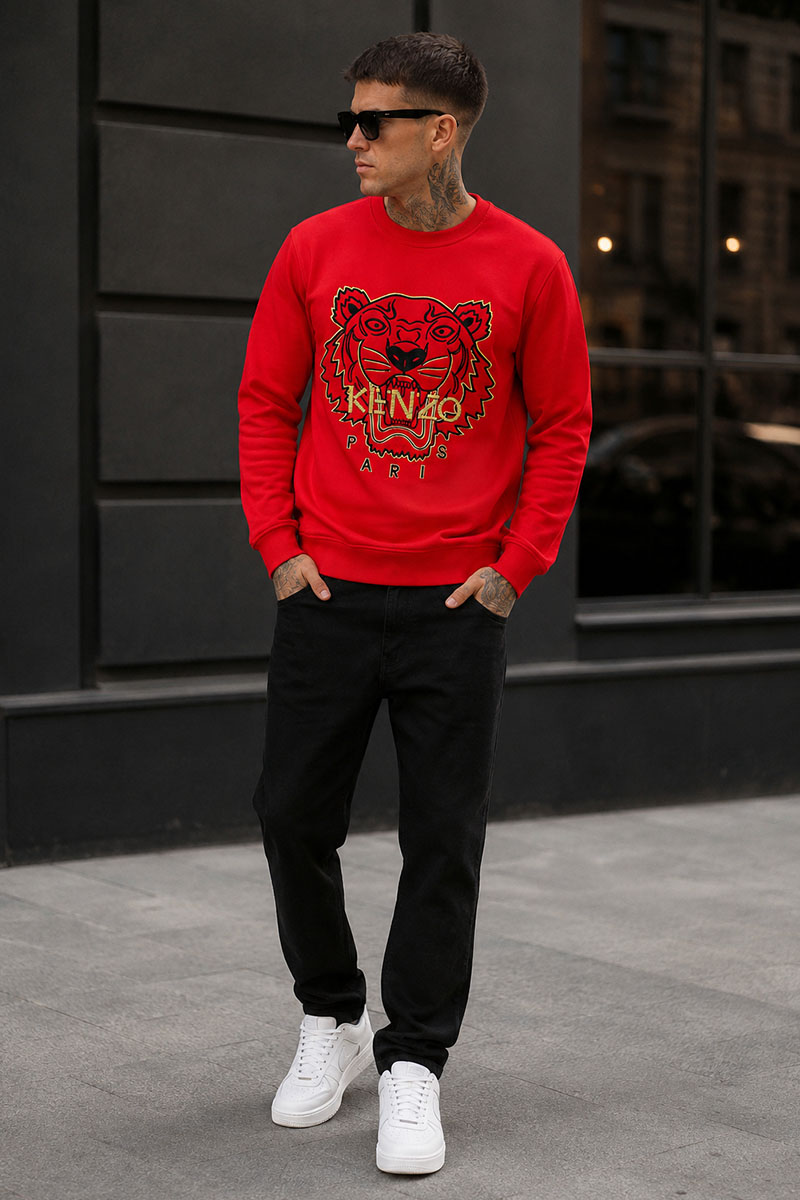 Kenzo Красный мужской свитшот Tiger Head embroidered