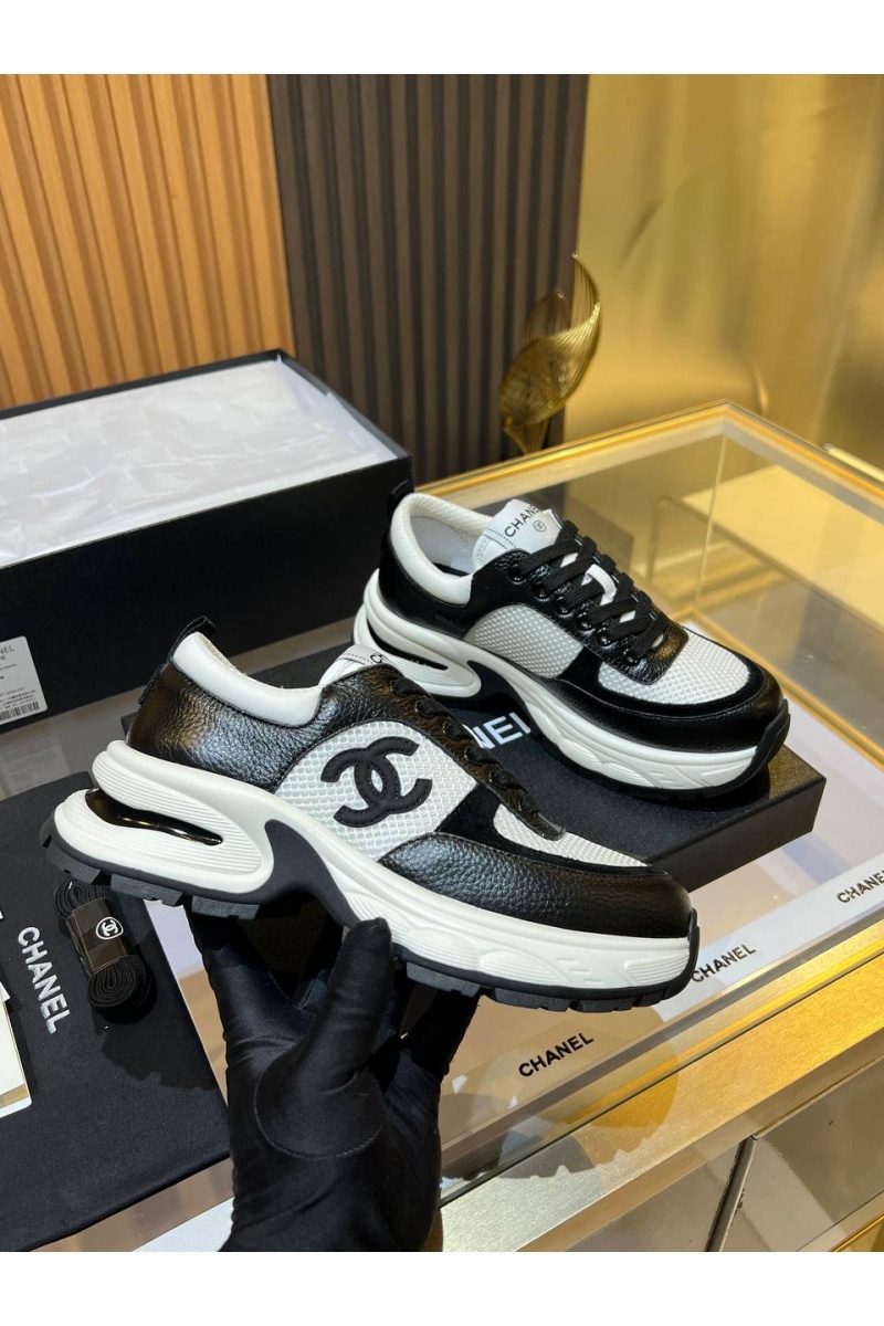 Chаnеl Женские кожаные кроссовки Premium - Black / White