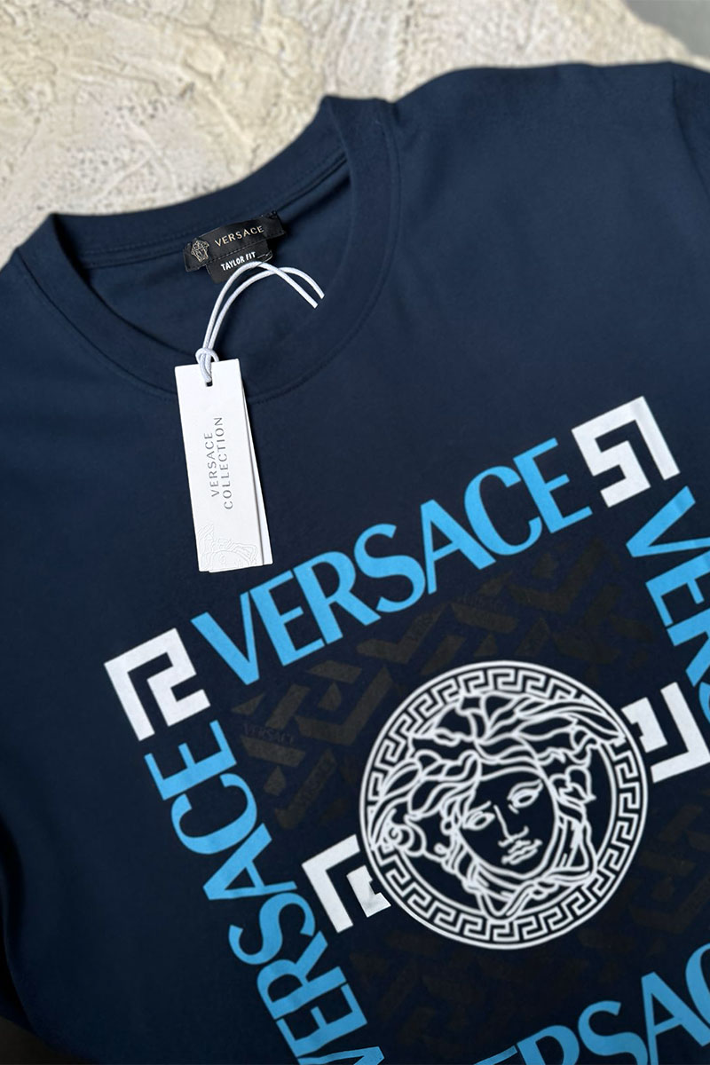 Versace Мужская синяя футболка logo-print
