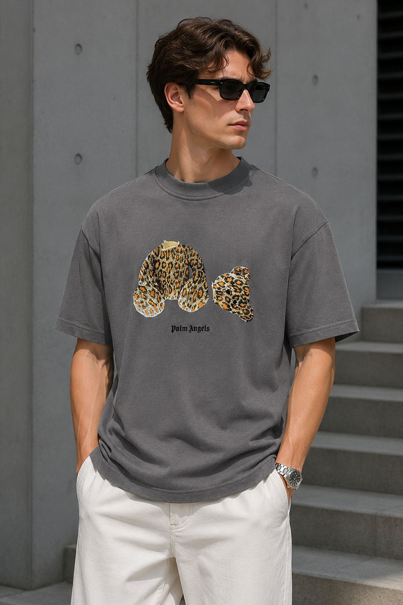 Palm Angels Серая оверсайз футболка Leopard Bear
