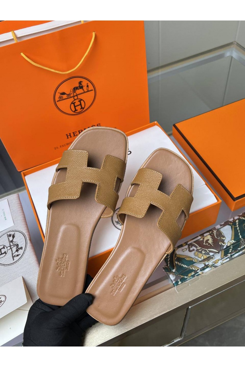 Hermes Женские кожаные шлёпанцы Premium - Chestnut