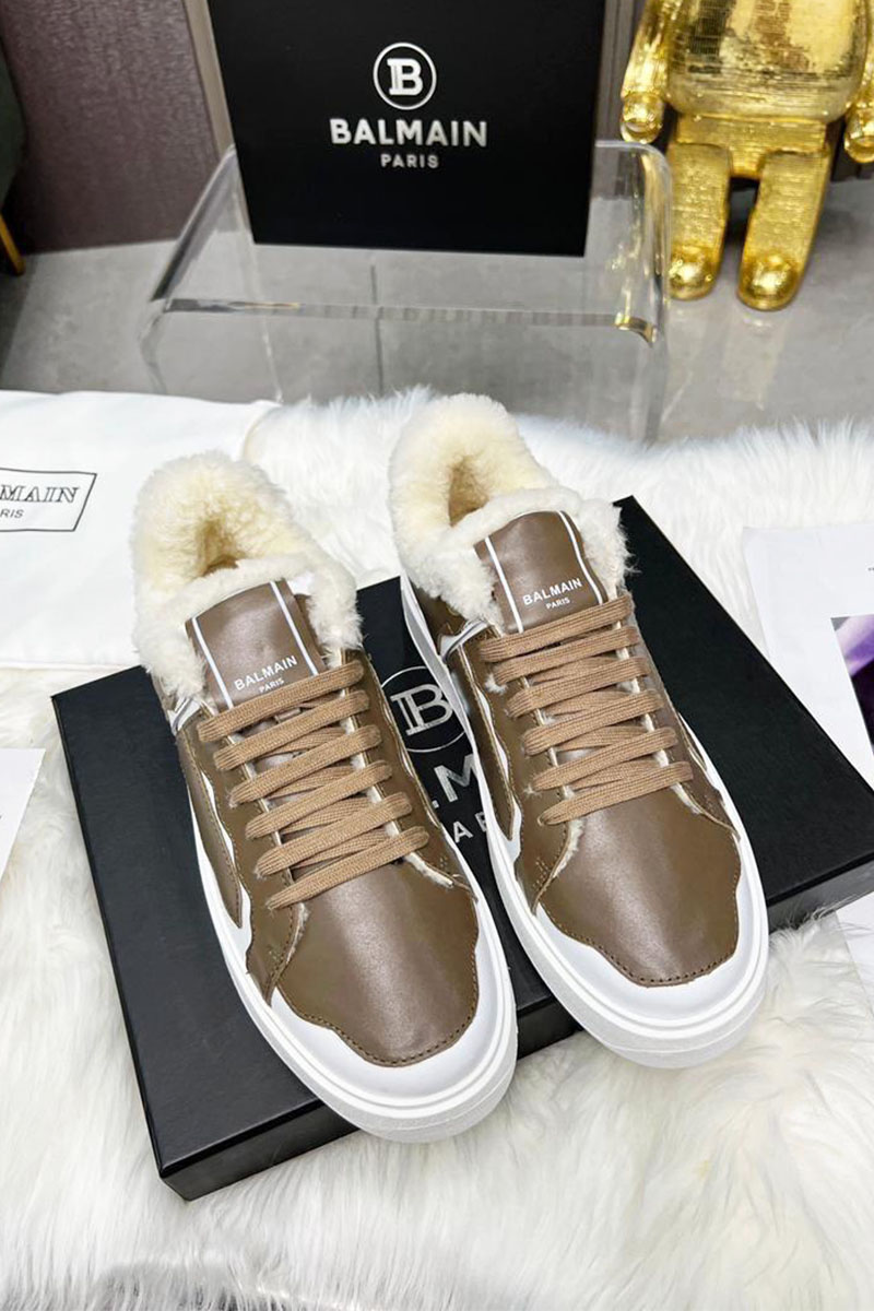 Balmain Кожаные кроссовки с мехом low-top - Beige / White