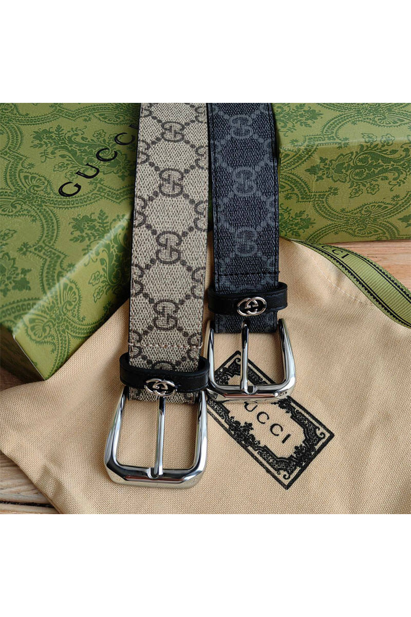 Gucci Брендовый ремень GG Monogram Beige / Silver (длина 90 см)