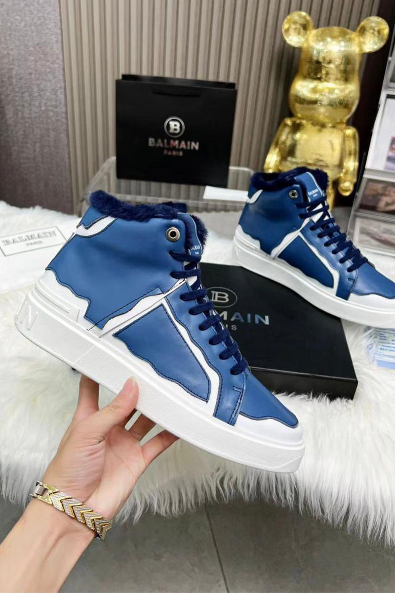 Balmain Кожаные кроссовки с мехом high-top - Blue / White
