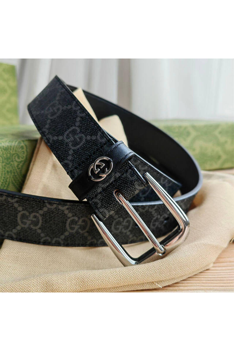 Gucci Брендовый ремень GG Monogram Black / Silver (длина 90 см)