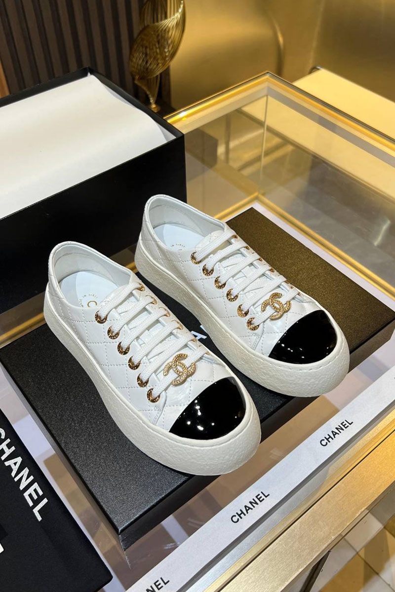 Chаnеl Женские кожаные кроссовки Premium - White / Black