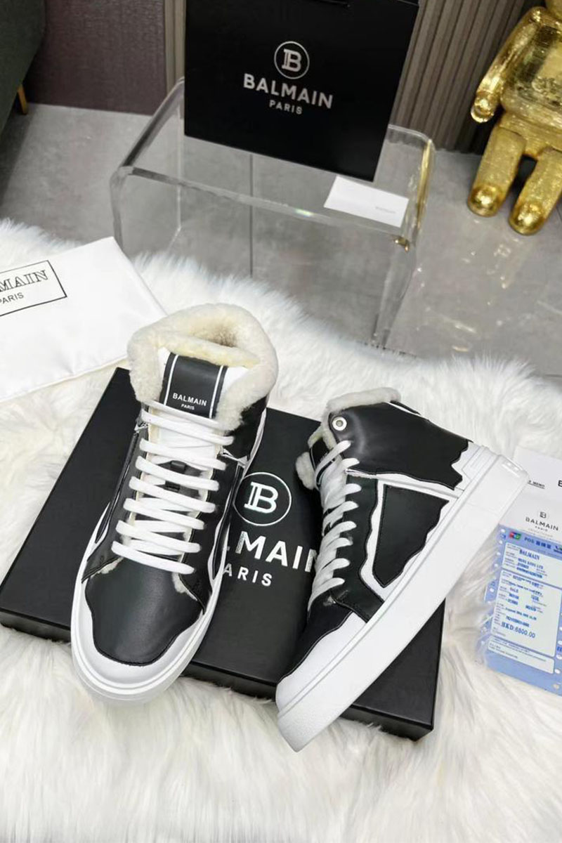 Balmain Кожаные кроссовки с мехом high-top - Black / White