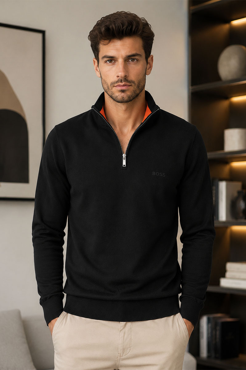 Hugо Воss Мужской джемпер quarter zip - Black