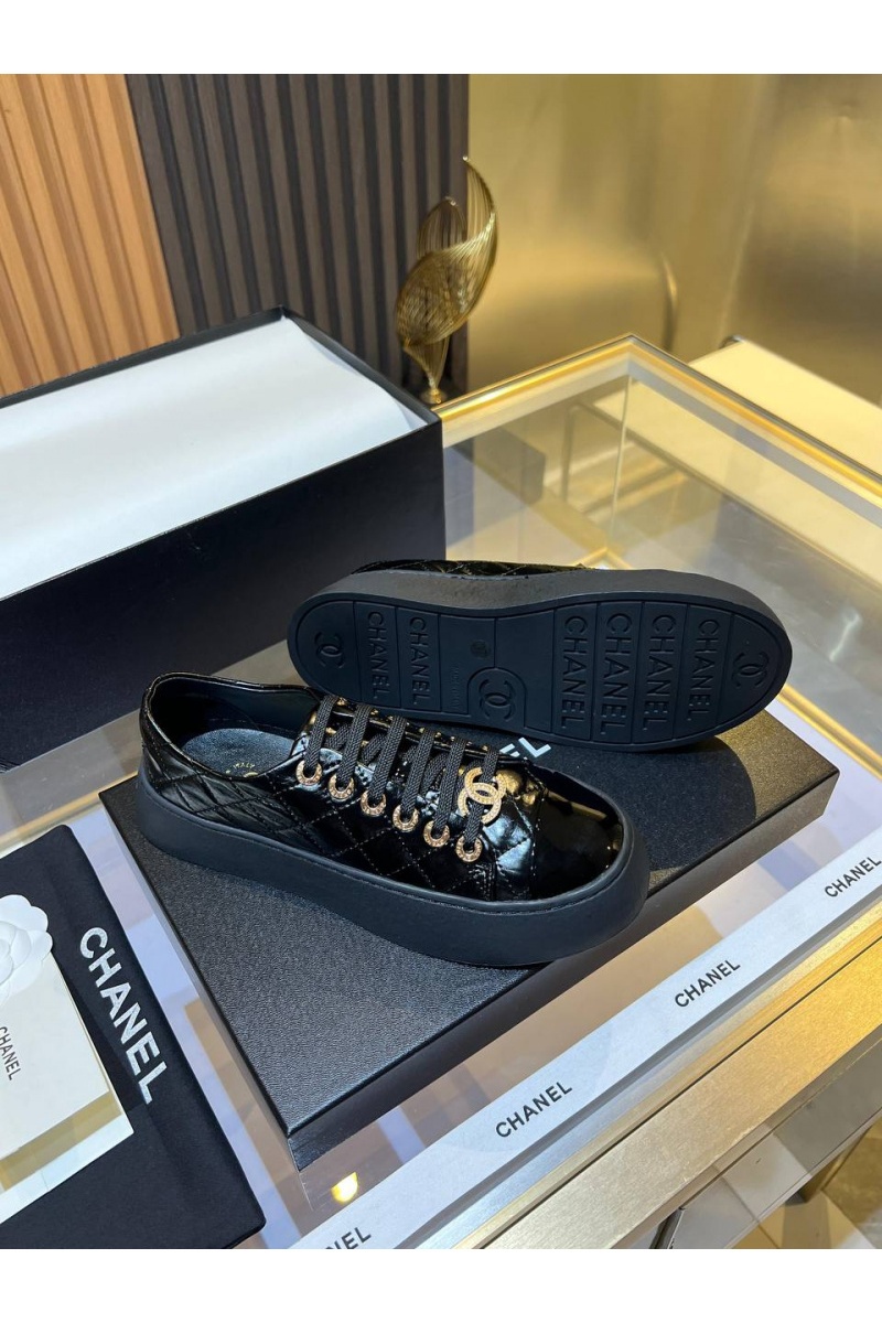Chаnеl Женские кожаные кроссовки Premium - Black