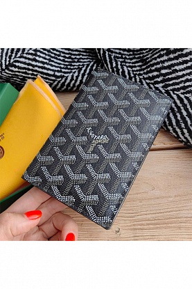 Кожаная обложка на паспорт Goyard - Black 10х14 см