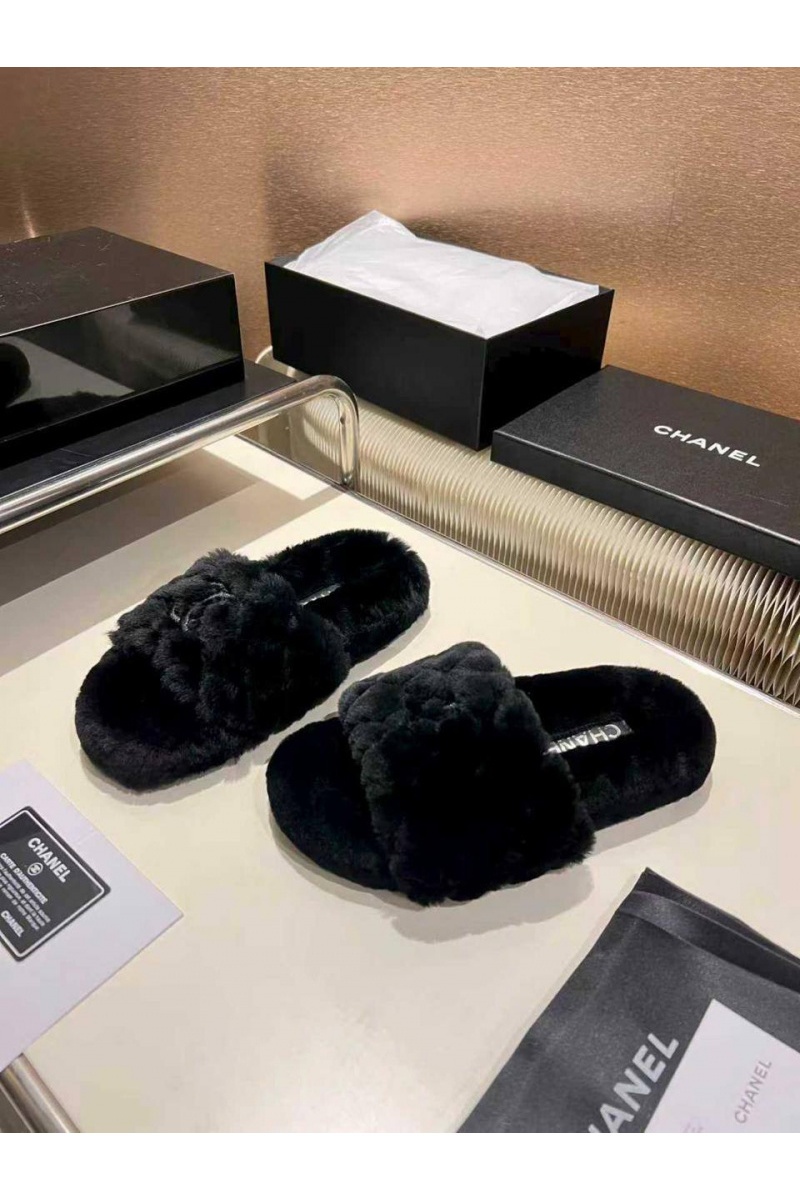 Chаnеl Женские меховые шлёпанцы Oran premium - Black