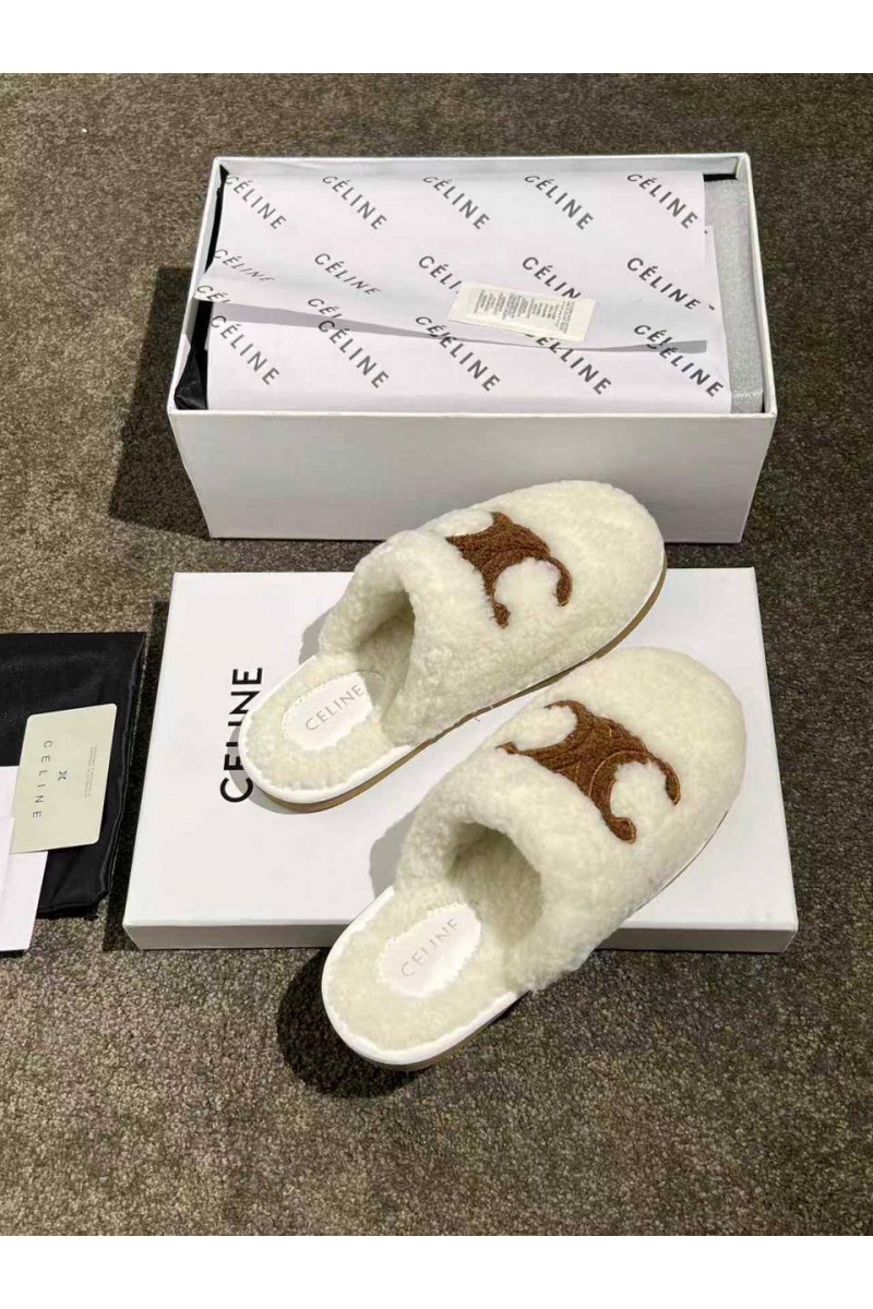 Celine Женские меховые шлёпанцы Triomphe premium